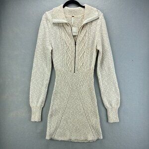 Free People Sweater‎ Dress Womens Large Oatmeal Cable Knit Mini Boho Mont Blanc